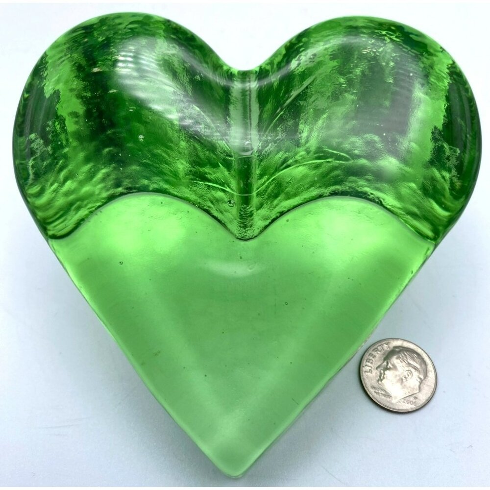 Fire & Light Green Celery Heart Paperweight Studio Art Glass SIGNED! - Picture 9 of 9